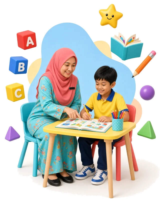 Cikgu tadika membimbing murid membuat latihan di meja