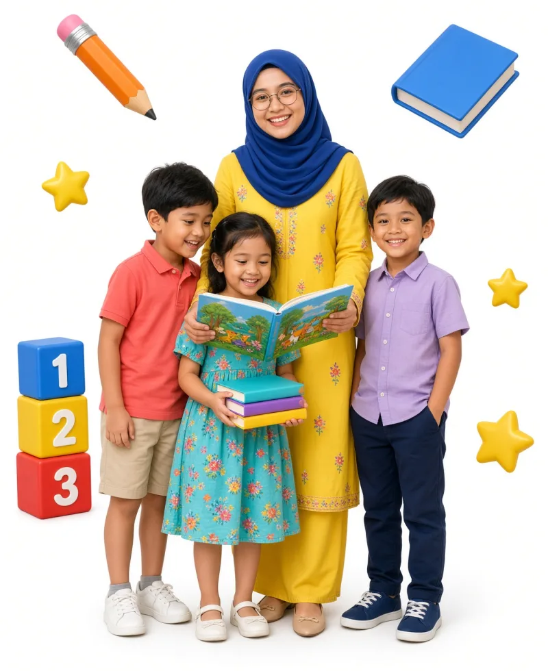 Cikgu tadika membaca buku bersama tiga murid